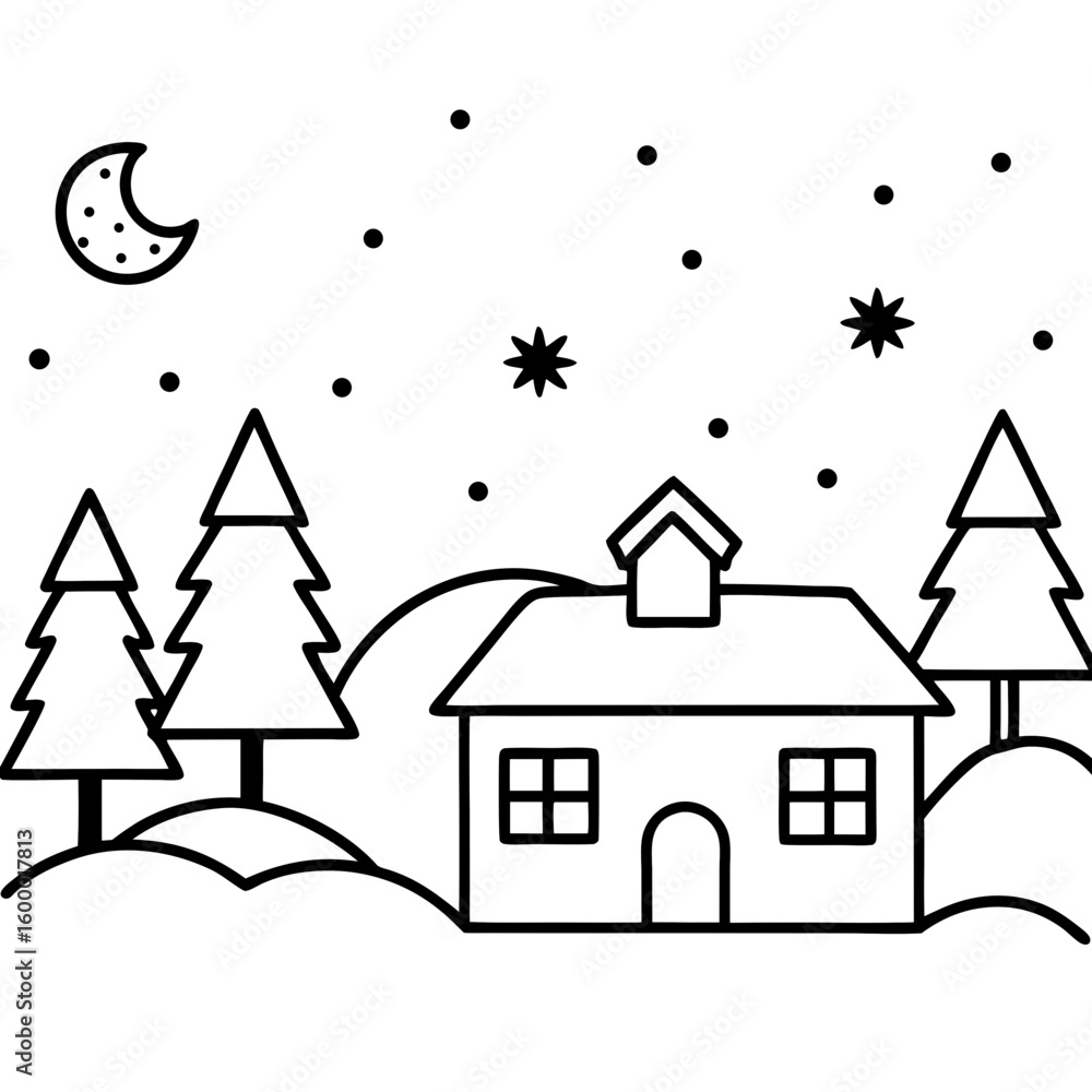 Naklejka premium Festive Snow-Covered Village at Night vector illustration