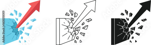 Arrow breaking wall concept for success achievement overcoming obstacles and growth opportunity vector art
