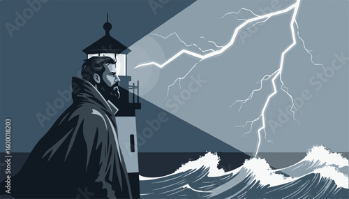 Guiding light through the tempest A solitary lighthouse keeper standing watch during a dramatic ocean storm with lightning.