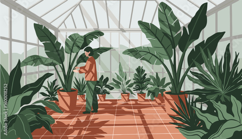 Gardener tending to lush, large potted plants inside a sunlit glasshouse. Illustration of a horticulture hobby and biophilic lifestyle.