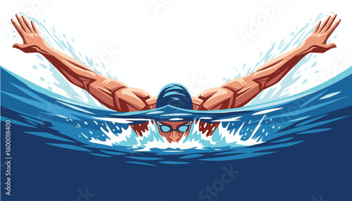 Stylized illustration of a muscular swimmer executing a powerful butterfly stroke during a race.