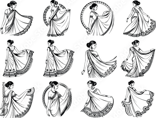 Woman in saree black and white silhouette vector illustration line drawings of women in flowing dresses