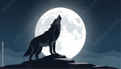 Silhouette of a wild wolf howling at the bright full moon on a rocky cliff during a dark night. Vector illustration of a lone predator.