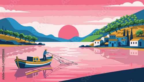 Calm seascape illustration of a traditional fisherman working at sunset near a coastal town on the bay