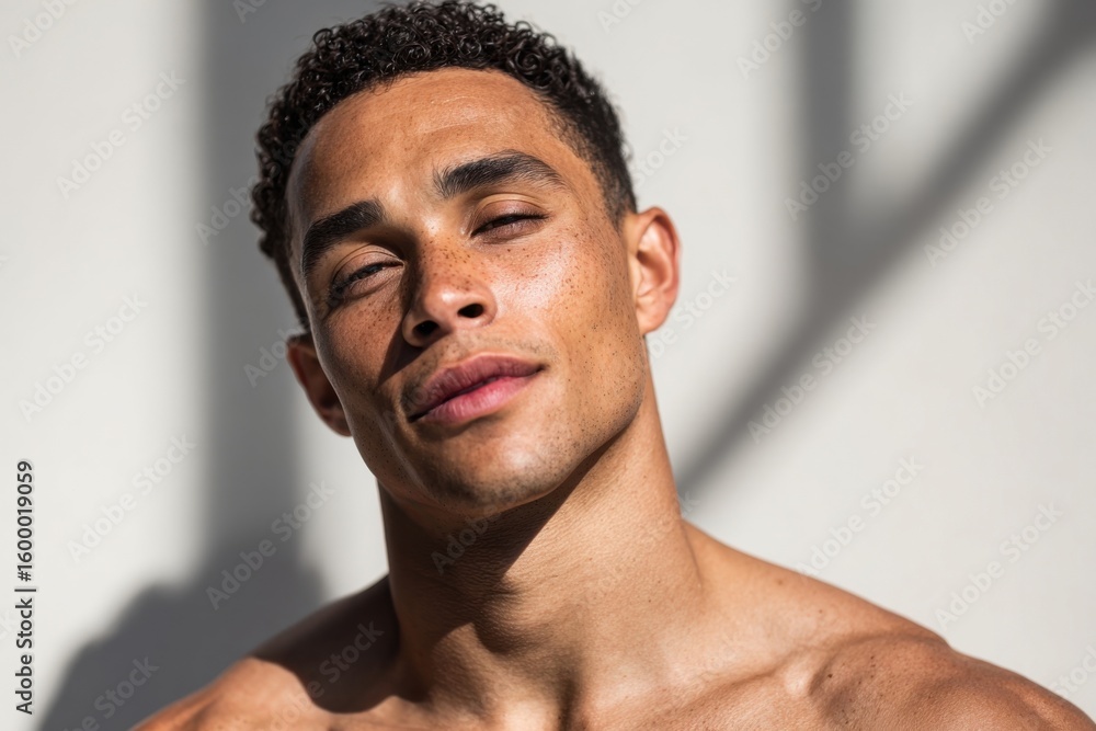 Obraz premium Young Man with Slight Smile and Relaxed Expression Outdoors in Bright Sunlight.