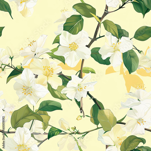 Delightful botanical illustration of seamless floral pattern, showcasing vibrant white blossoms and fresh green leaves, creating perfect natural background for spring and nature-themed projects.