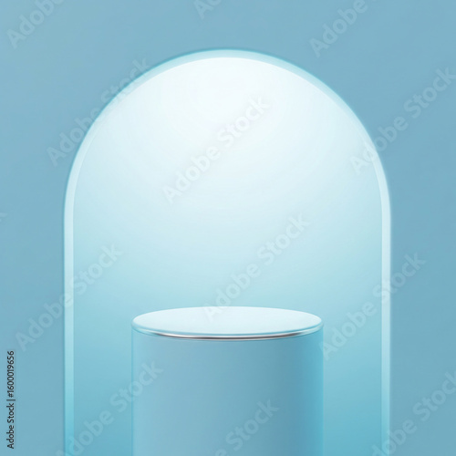 Empty powder blue cylindrical pedestal within a baby blue archway softly lit with white and pale cyan hues, perfect for cosmetic packaging display