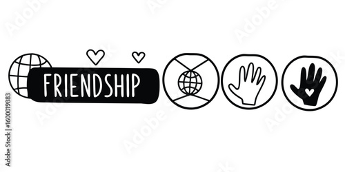 Friendship and Global Connection Doodle with Hand on Transparent Background Black white doodle illustration featuring