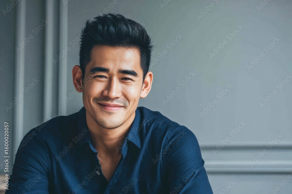Obraz premium Smiling young Asian man wearing casual shirt indoor lifestyle portrait.