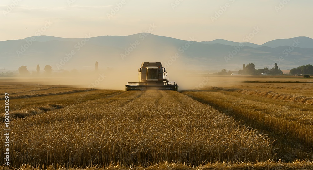 Fototapeta premium Golden Wheat Field Harvest with Combine Harvester and Distant Mountain Range at Sunrise Agriculture and Farming Concept