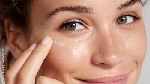 A teenager applying a gentle spot treatment.	A teenager of ambiguous gender with a positive expression applies a clear, gentle spot treatment to a single pimple on their cheek, representing positive s