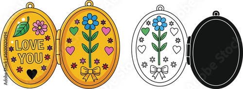 Vector illustration of gold locket with flowers hearts and love you message for valentine's day gift