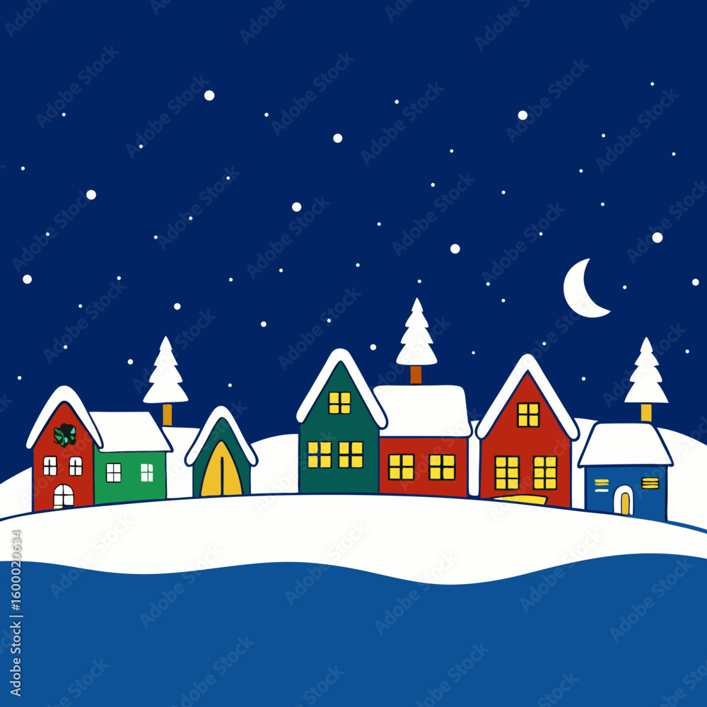 Fototapeta premium Winter Wonderland Christmas Village at Night vector illustration