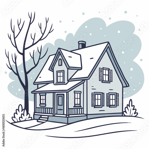 Snow Covered House on White Background vector illustration