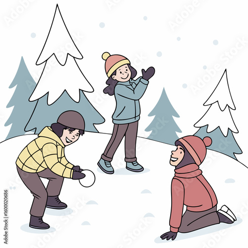 Kids Having a Snowball Fight vector illustration
