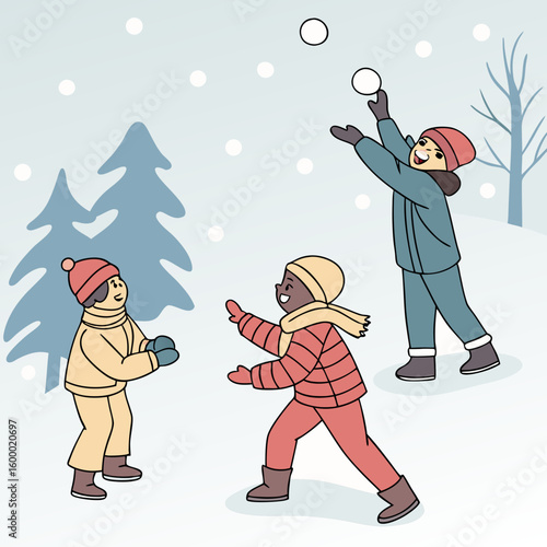 Children in a Snowball Fight vector illustration
