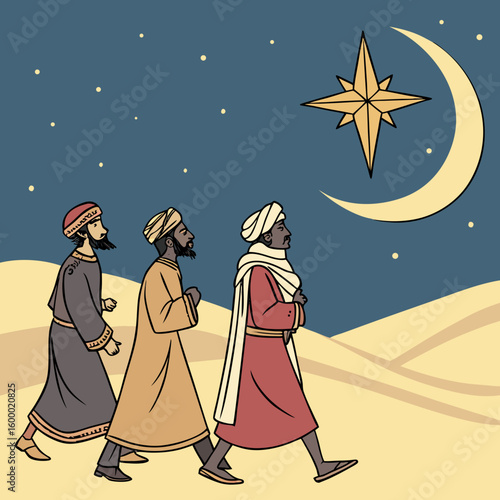 Three Wise Men Following a Star vector illustration