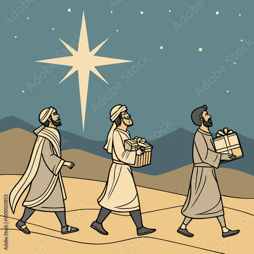 Following the Star a Three Wise Men Scene vector illustration