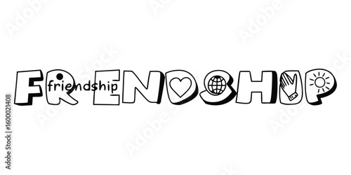 Friendship word art with heart and globe icons black and white on transparent background hand drawn