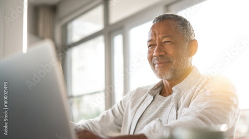 Smiling mature man working on laptop at bright home office with large windows.