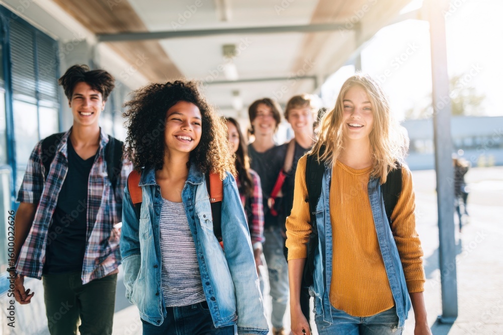 Obraz premium Group of diverse smiling teenagers walking outdoors under bright sunlight at school.