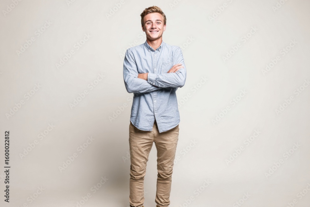 Happy smiling young man standing with arms crossed wearing casual shirt and pants. Happy smiling young man standing with arms crossed wearing casual shirt and pants.