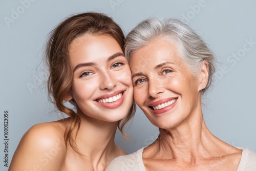 Close-up portrait of happy young woman and smiling elderly woman with gray hair.
