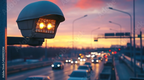 CCTV camera on highway toll booth, cars passing below, sunset lighting