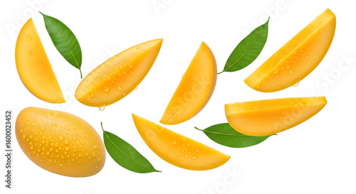 Illustration of a collection of juicy ripe mango slices and a whole mango adorned