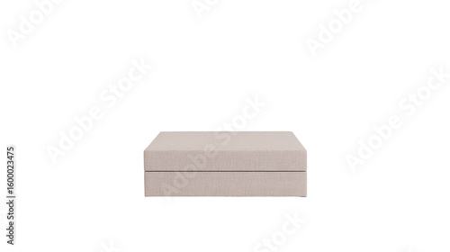 A light beige upholstered storage ottoman.