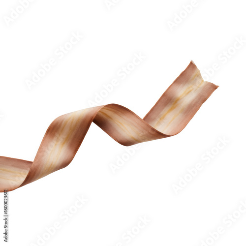 Hand-dyed silk ribbon with luminous sheen and variegated colors, gracefully curved on a transparent background with no shadows, top-down view, luxurious handcrafted textile concept