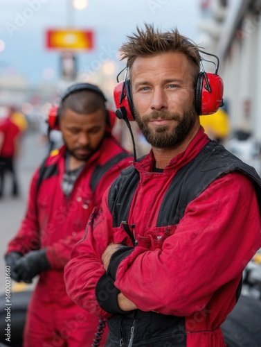 Race car drivers preparing at a pit stop wearing red racing suits and communication headsets