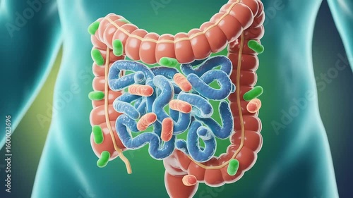 Human gut microbiome illustration shows healthy bacteria and the digestive system anatomy