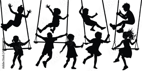 Diverse group of children silhouetted on swings enjoying a sunny day at the park
