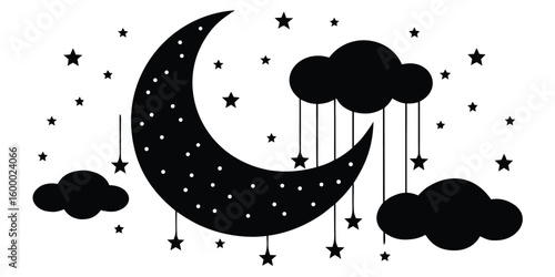 Whimsical black crescent moon surrounded by clouds and falling stars