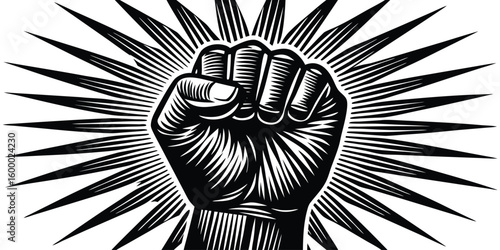 Powerful clenched fist raised in solidarity against a radiant sunburst background