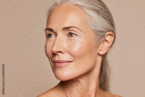 Close-up portrait of a mature woman with silver hair smiling gently, wellness and beauty concept.