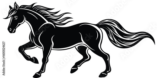 Majestic black horse with flowing mane and tail in a dynamic pose