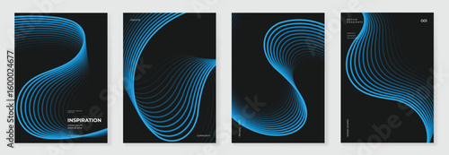 Abstract line wave gradient poster background vector set. Minimalist cover template with vibrant perspective line wave in motion. Ideal design for social media, cover, banner, flyer, music, ads.