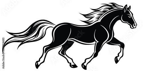 Elegant black horse galloping with flowing mane and tail in silhouette