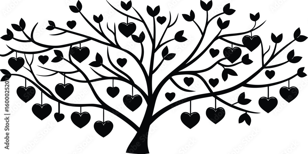 Naklejka premium Silhouette of a stylized tree with heart shaped ornaments hanging from its branches
