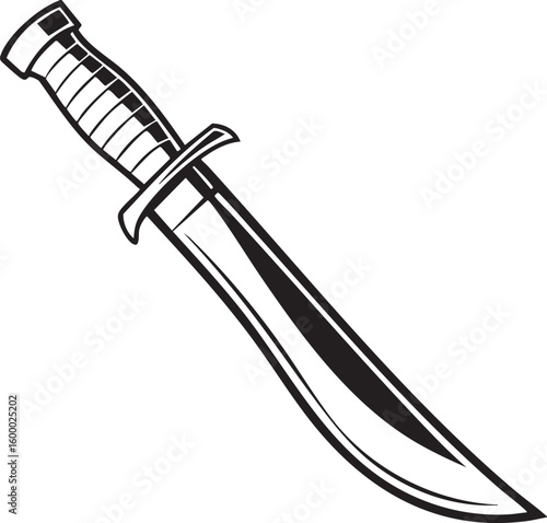 Classic military combat knife with a polished blade and ribbed handle isolated on transparent background