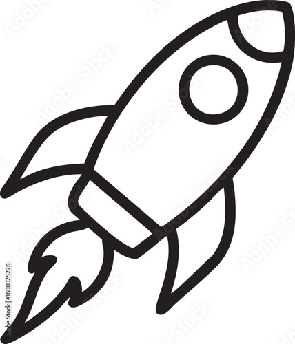 Simple black outline drawing of a rocket ship with flames and a window isolated on transparent background