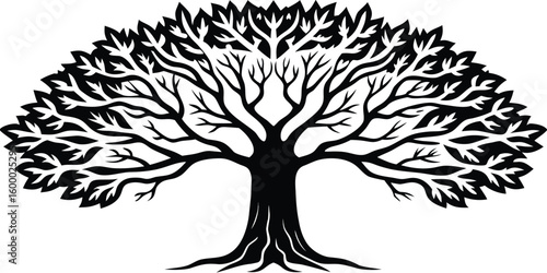 Stylized black silhouette of a large tree with detailed branches and leaves