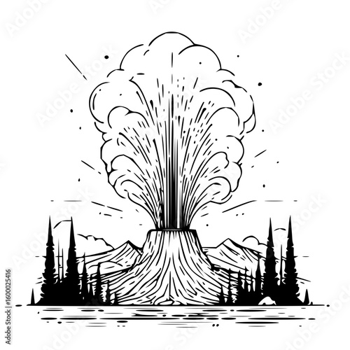 Monochrome illustration of a volcano erupting with trees and mountains in the background scene view