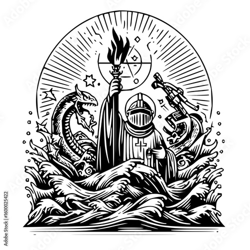 A knight in shining armor standing amidst waves with a dragon and a futuristic weapon present too