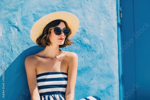 Woman Wearing Striped Dress and Hat Relaxing Outdoors Against Bright Blue Wall.