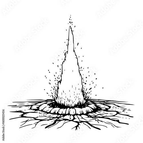 Illustration of a geyser erupting with water shooting upwards in a black and white drawing style