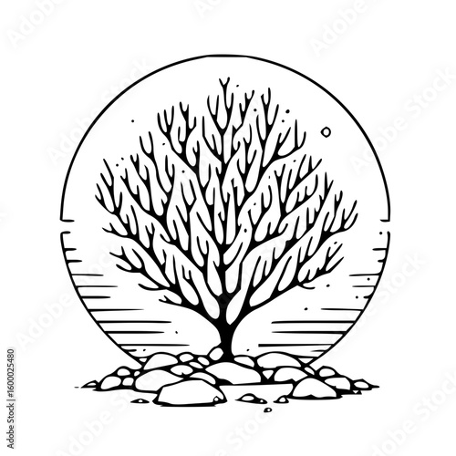 Illustration of a bare tree inside a circle with rocks and horizontal lines at the bottom edge of the circle