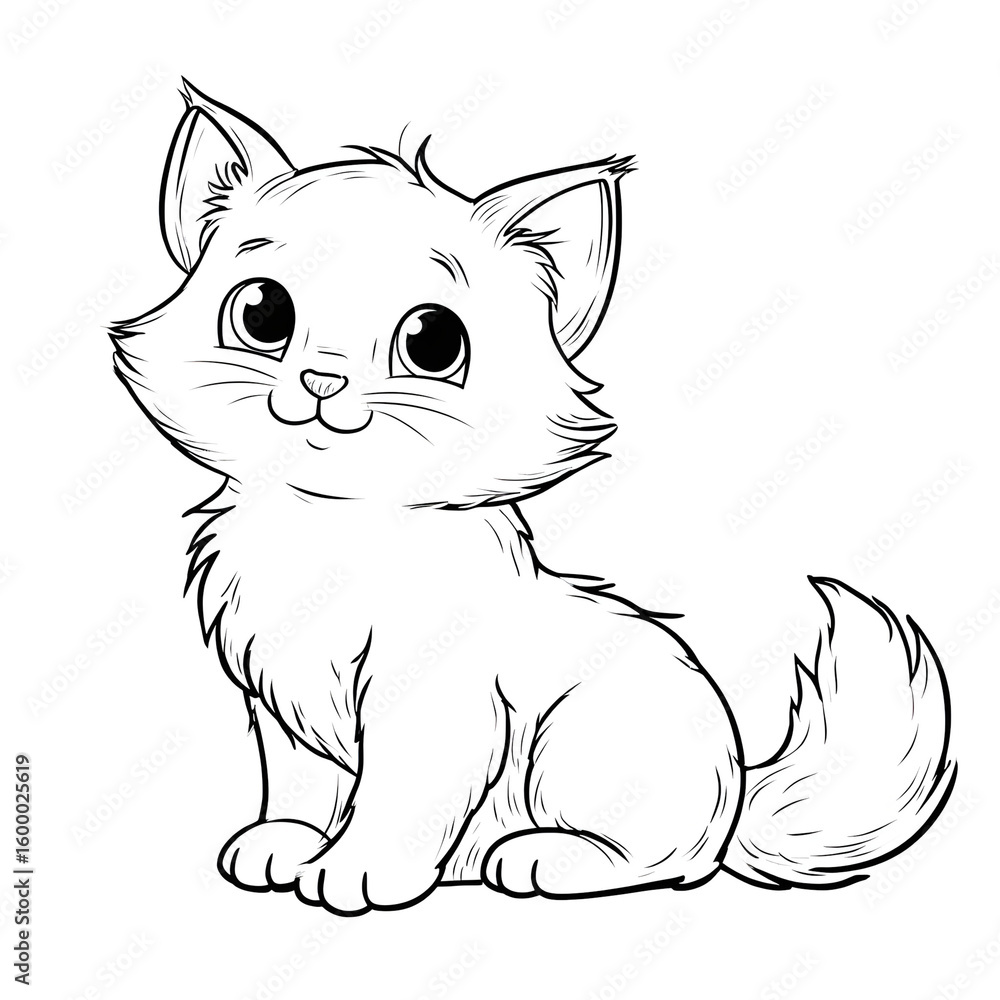 Fototapeta premium Cute Lineart Fluffy Kitten Sitting Calmly Detailed Illustration Cartoon. Ai Generated Images